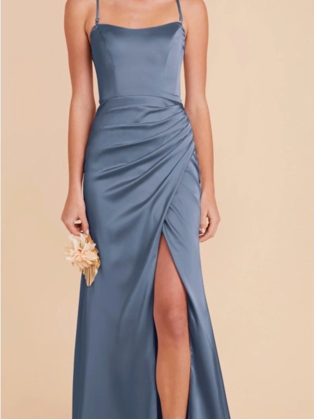 Slate Blue Satin Ruched Gown with Front Slit